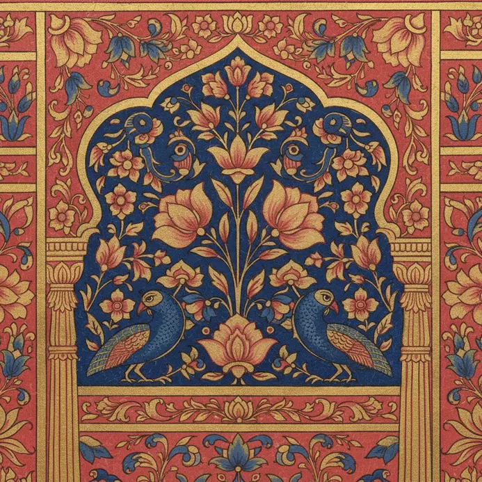 A colorful painting of an ornate palace archway with miniature figures and patterns.