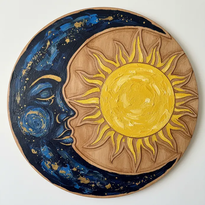 A round wood plaque featuring a detailed, folk art style sun and moon face.