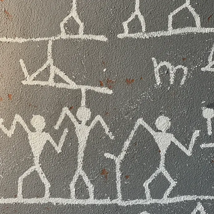 White geometric figures and patterns depicting tribal life on a dark wall.