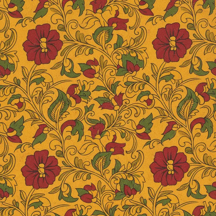 A close-up of hand-painted, intricate floral motifs with fine black outlines and bright fills.