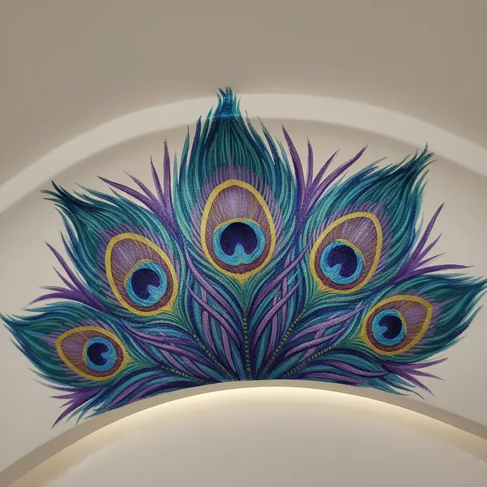 A repeating pattern of simplified peacock feather eyes in teal and gold along a room's perimeter.