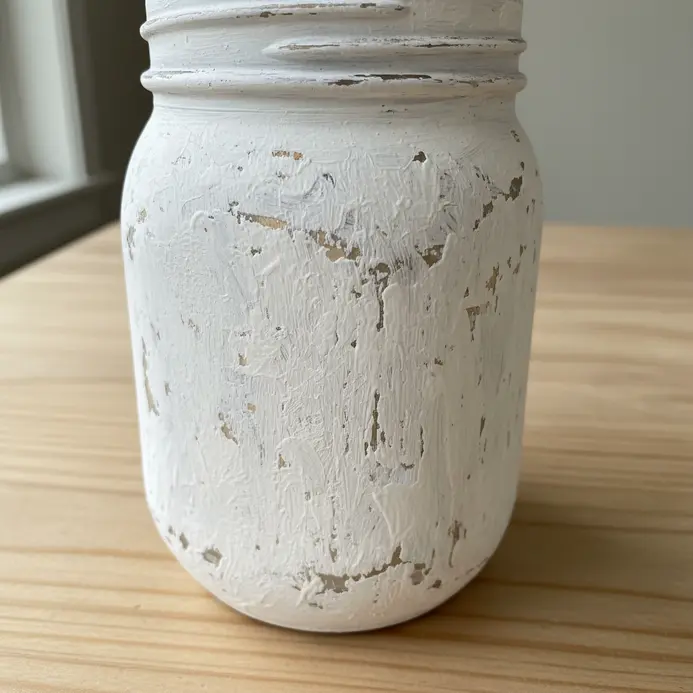 A rustic mason jar painted matte white with visible brush strokes and gentle sanding on the edges.