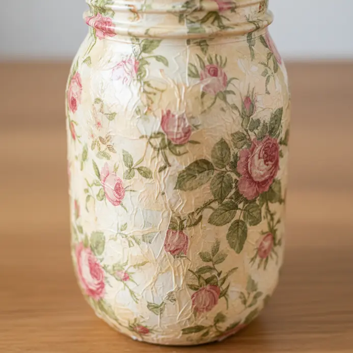 A light blue painted jar with decoupaged antique rose patterned paper and a clear sealant.
