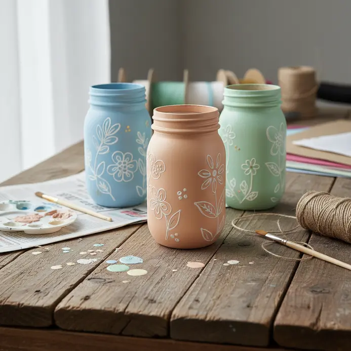 A mason jar painted a deep crimson red with a hand-painted evergreen wreath encircling it.