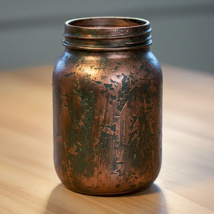 A jar coated in a burnished metallic copper paint with a slightly textured effect.