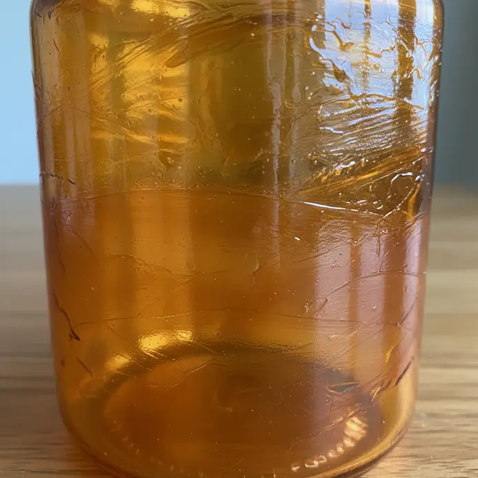 A jar treated with a translucent honey-colored glass paint, allowing light to shine through.
