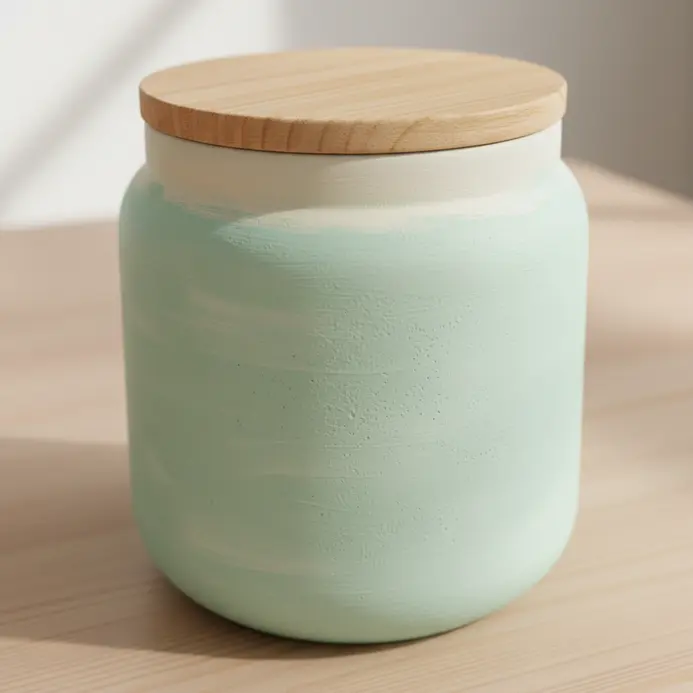 A mason jar painted in a pale, matte mint green chalk paint.