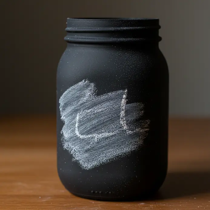 A jar painted with black chalkboard paint, labeled with white chalk writing for basil.