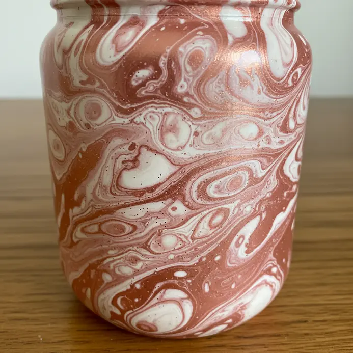 A jar featuring a fluid marbled pattern in shades of rose gold and creamy white.