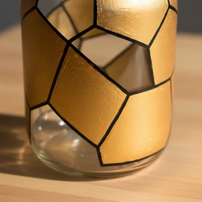 A clear glass jar with sharp, painted gold geometric shapes forming a modern pattern.