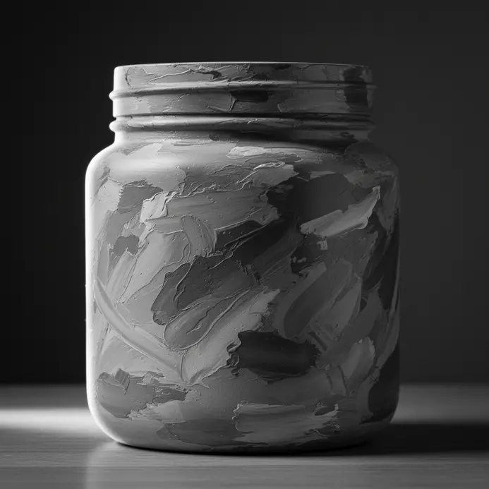 A jar decorated with sweeping abstract brushstrokes in light, medium, and dark grey.