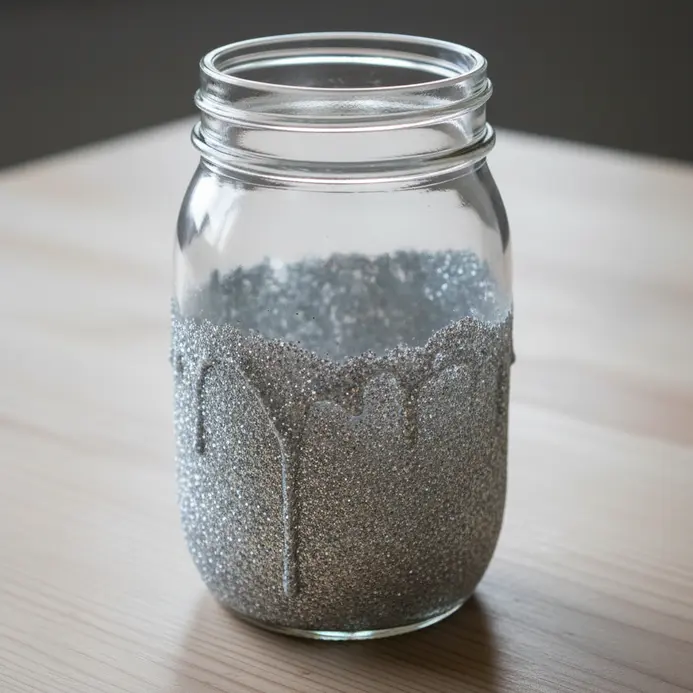 A clear jar with the bottom half densely covered in sparkling silver glitter.