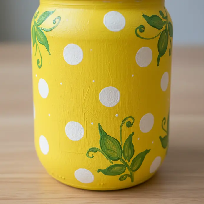 A sunny yellow painted jar adorned with white polka dots and simple green floral accents.