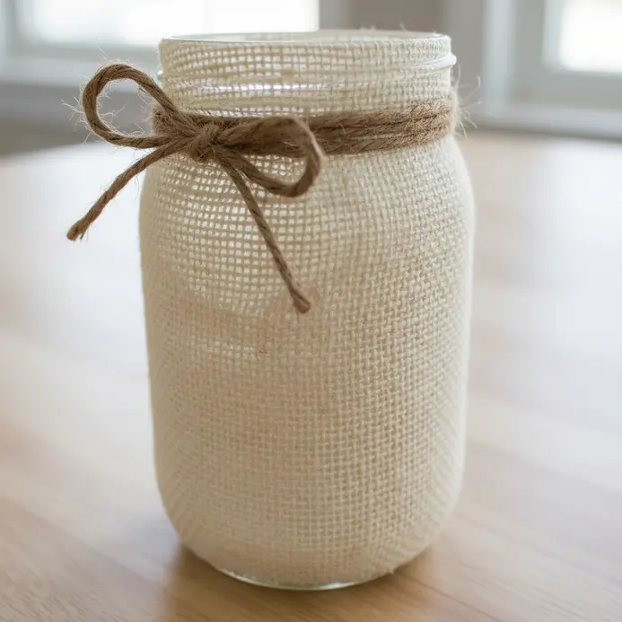 A jar painted in cream is wrapped with a strip of burlap fabric secured by jute twine.