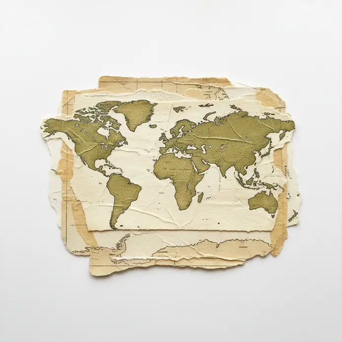 A layered scrapbook collage featuring a vintage map background with adhered travel tickets and small circular photos.
