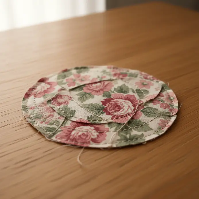 A scrapbook photo framed by a rectangle of floral cotton fabric with a hand-stitched running stitch border.