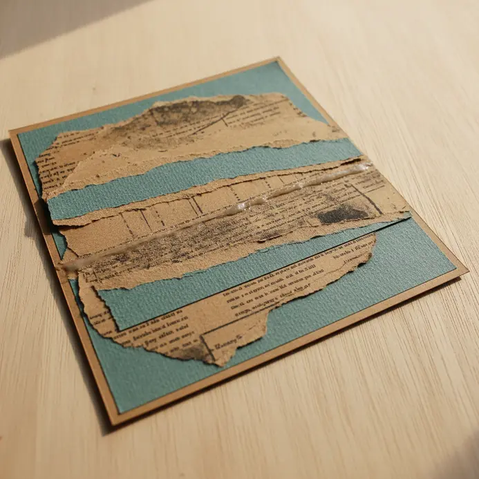 A free-form scrapbook collage with overlapping ephemera like postage stamps, ribbon, and typed journaling.