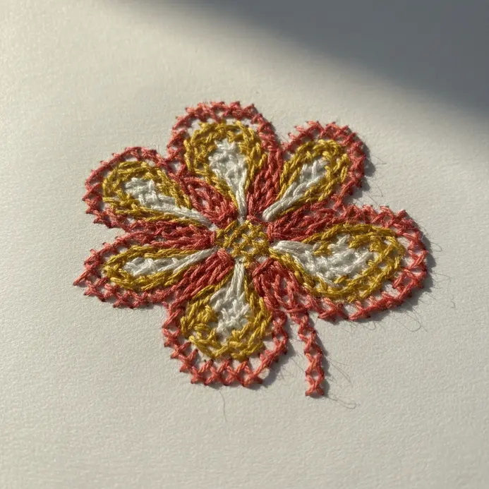 A scrapbook photo held by a corner pocket stitched with colorful X-shaped embroidery floss details.