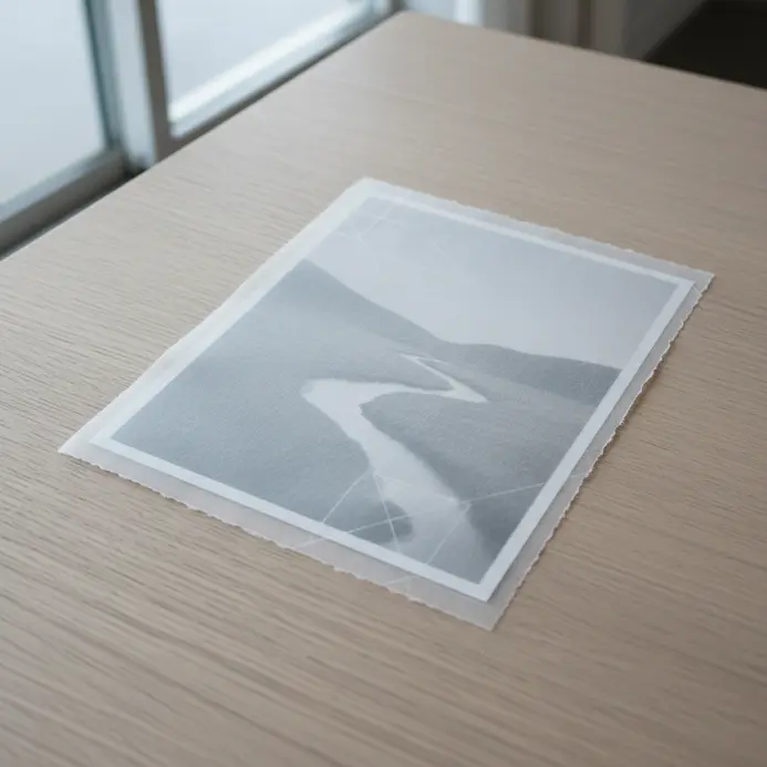 A scrapbook photo framed by a semi-transparent vellum overlay printed with a subtle geometric pattern.