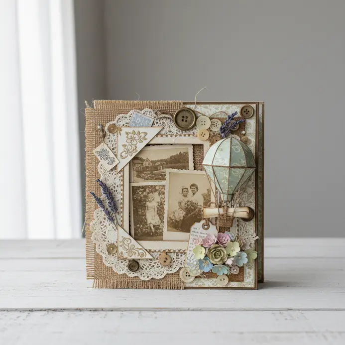 A geometric scrapbook layout with a patchwork of triangular pieces cut from different patterned papers.
