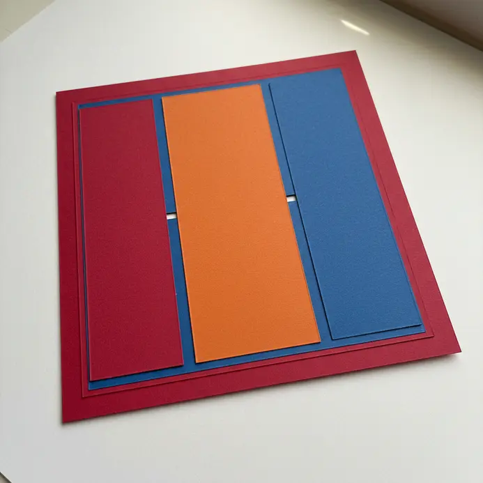 A rainbow spectrum scrapbook layout with photos and elements arranged in columns of red, orange, yellow, green, blue, and purple.