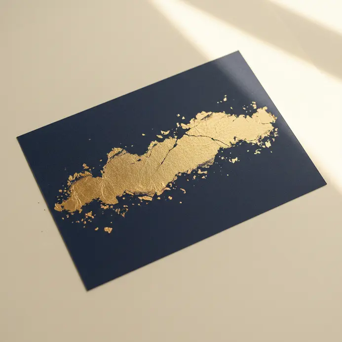 A sophisticated scrapbook layout with delicate gold foil leaf accents pressed onto a navy blue cardstock background.