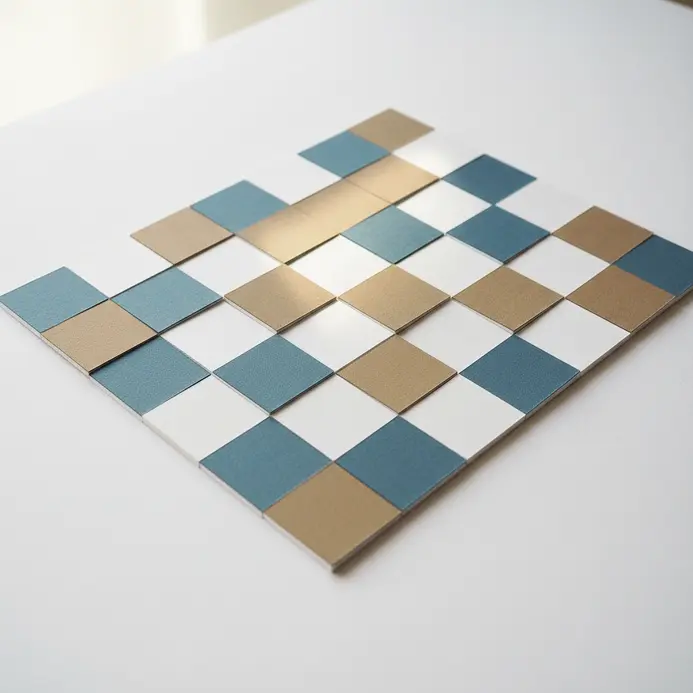 A structured scrapbook page with a precise grid of nine square photo mats and coordinating journaling cards.