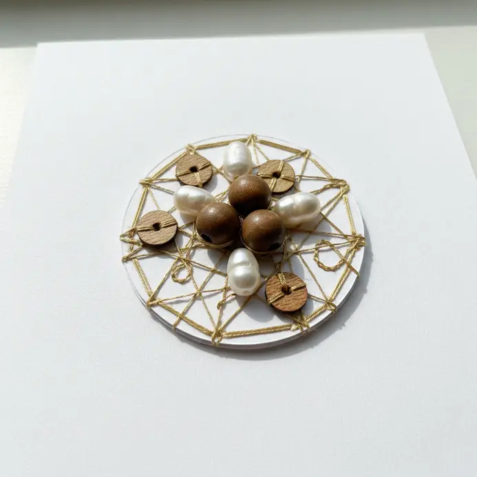 A rustic scrapbook accent featuring a cluster of assorted buttons stitched onto a burlap patch.