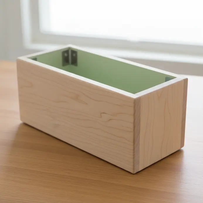 A shallow, box-style wooden planter that appears to float against a wall with no visible supports below.
