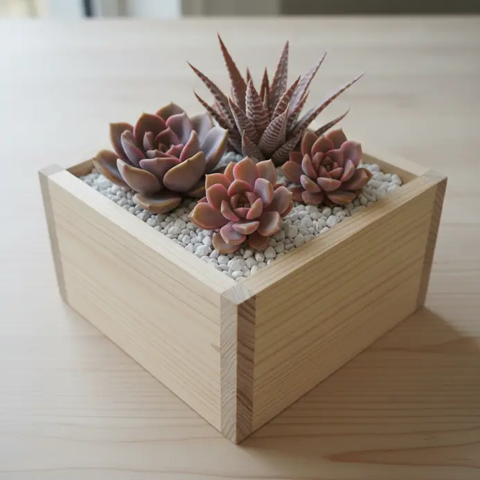 A shallow, rectangular planter with clean lines made from pale Scandinavian pine wood, ideal for succulents.