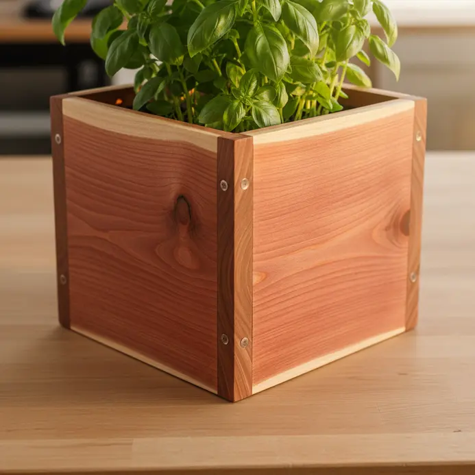 A classic square wooden planter with clean corners, constructed from durable cedar boards.