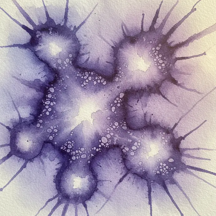 Violet watercolor spheres with light, starry centers created by dropping rubbing alcohol into wet paint.