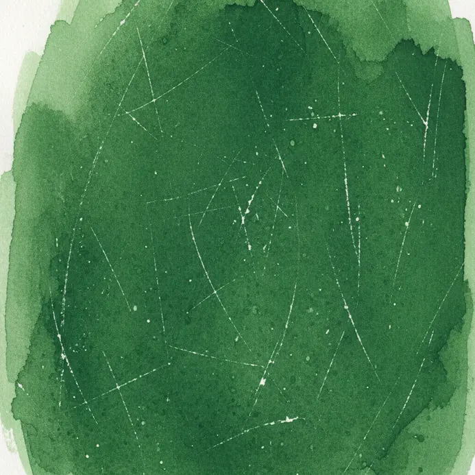 A deep forest green watercolor wash with fine, scratched lines revealing the white paper beneath.