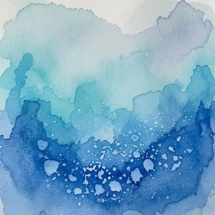 A suggested landscape made from watercolor washes with pitted textures from sprayed water droplets.