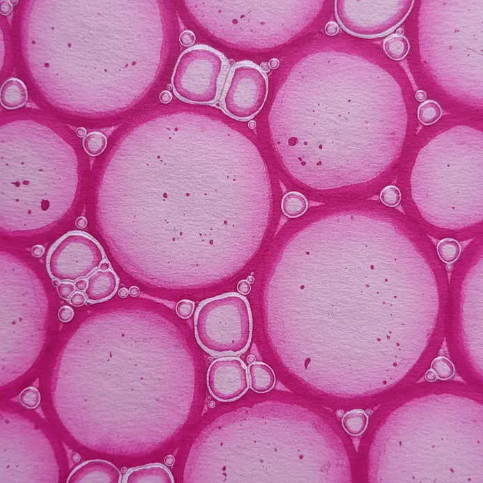 Delicate, concentric rings of soft magenta watercolor resembling floating bubbles or orbs.