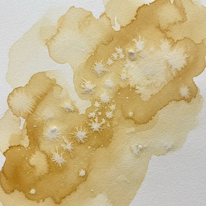 A golden ochre watercolor wash with star-like salt crystal textures creating a cloudy effect.