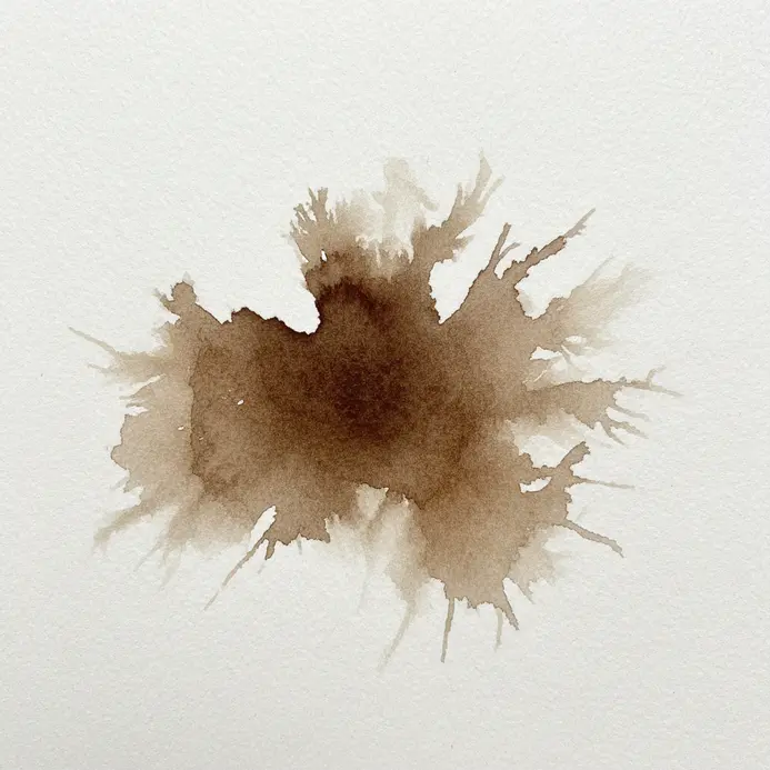 A loose abstract shape in sepia watercolor that resembles a spilled liquid with a dark center.