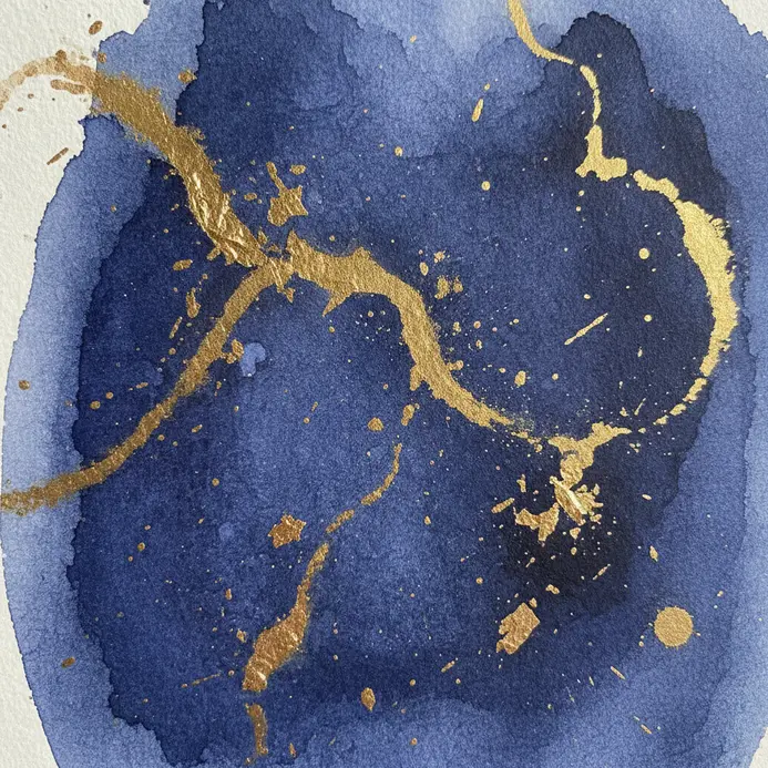 A dark watercolor background with scattered metallic gold leaf flakes catching the light.