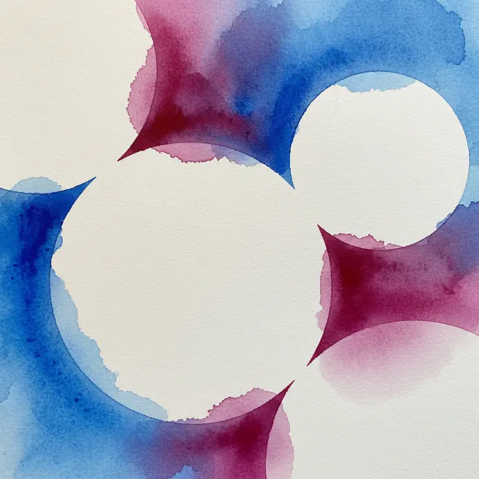 A vibrant watercolor composition with clean, circular areas of white paper left untouched.