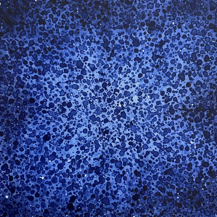A deep indigo background built from layers of stippled dots, creating a textured, starry depth.