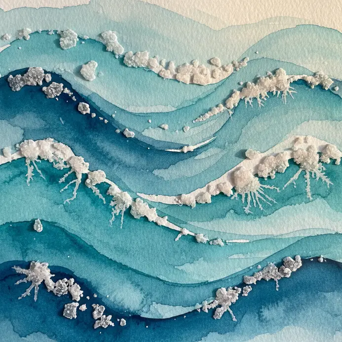 Flowing turquoise watercolor shapes resembling ocean waves, textured with coarse salt crystals.