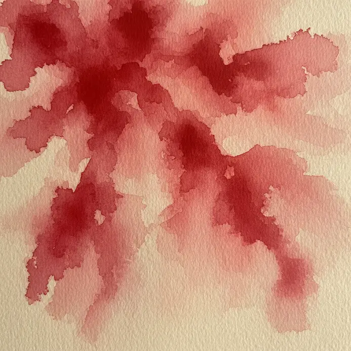 Soft, blurred shapes of crimson watercolor blooming into a wet paper background.