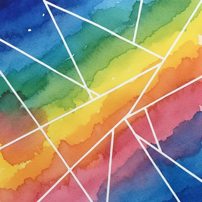 A vibrant watercolor background with crisp, white geometric lines preserved with masking fluid.