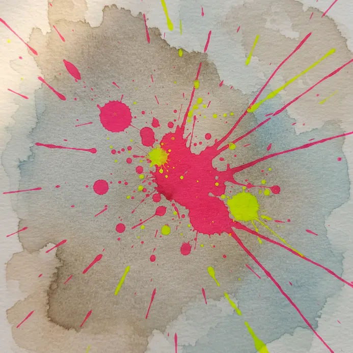 A muted watercolor base with energetic splatters of neon pink and yellow ink on top.