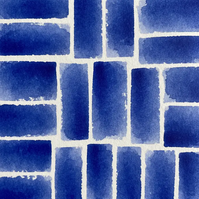 A series of sharp-edged, opaque cobalt blue rectangles painted with a chisel brush.
