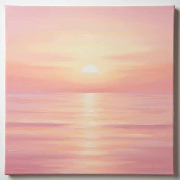 A serene beach scene with a blended sky in soft pink, orange, and yellow pastel hues meeting a calm ocean.