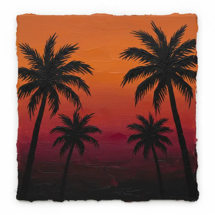 Dark palm tree silhouettes against a gradient sunset sky over a calm ocean.