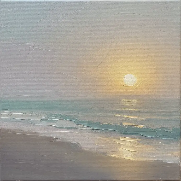 A soft, hazy beach scene where the sky, ocean, and sand blend gently with muted blues and greys.