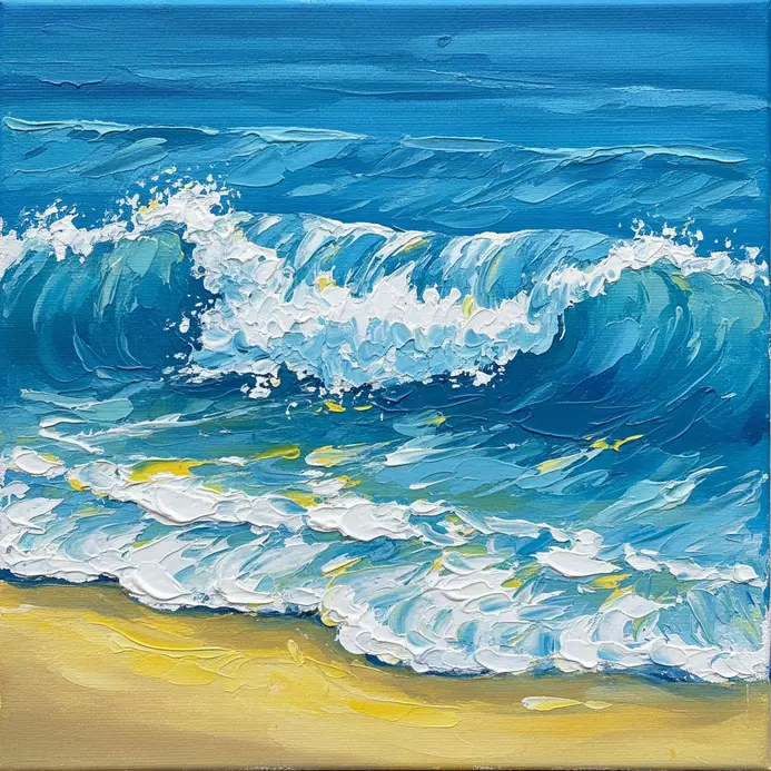 Energetic waves crashing with white foam against a sunny beach with bright blue water.