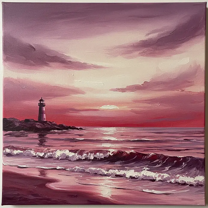 A small white lighthouse on a distant headland under a warm orange and purple sunset sky.